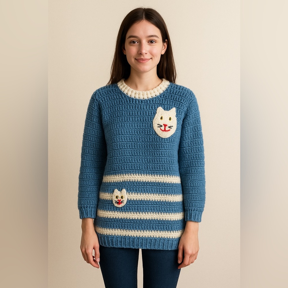 Handmade Vintage Crochet Cat sweater 3/4 sleeves approx Size Small
